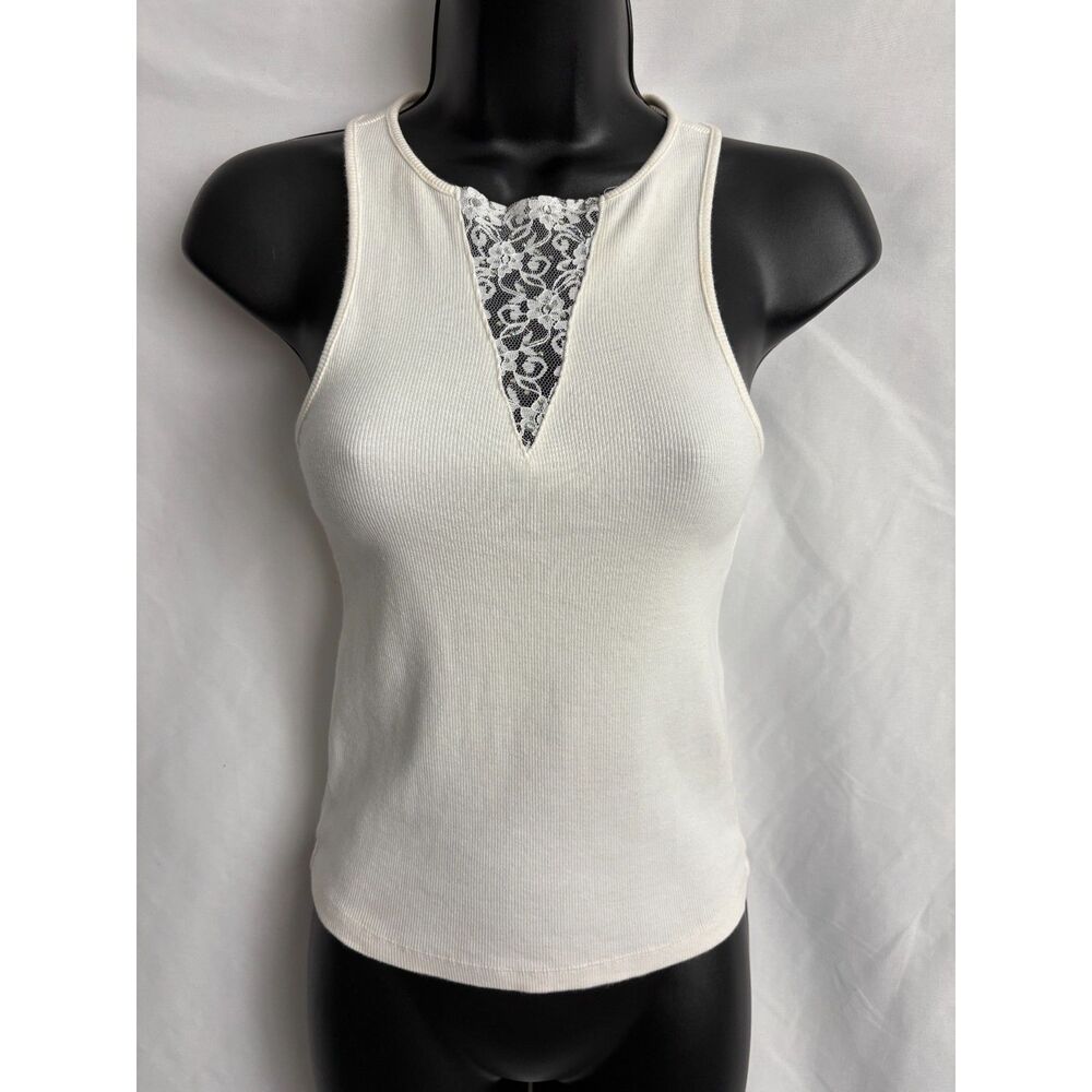 Vintage Express Jeans Lace Rhinestone Y2K Tank Cream Ribbed Size S Cotton Cute